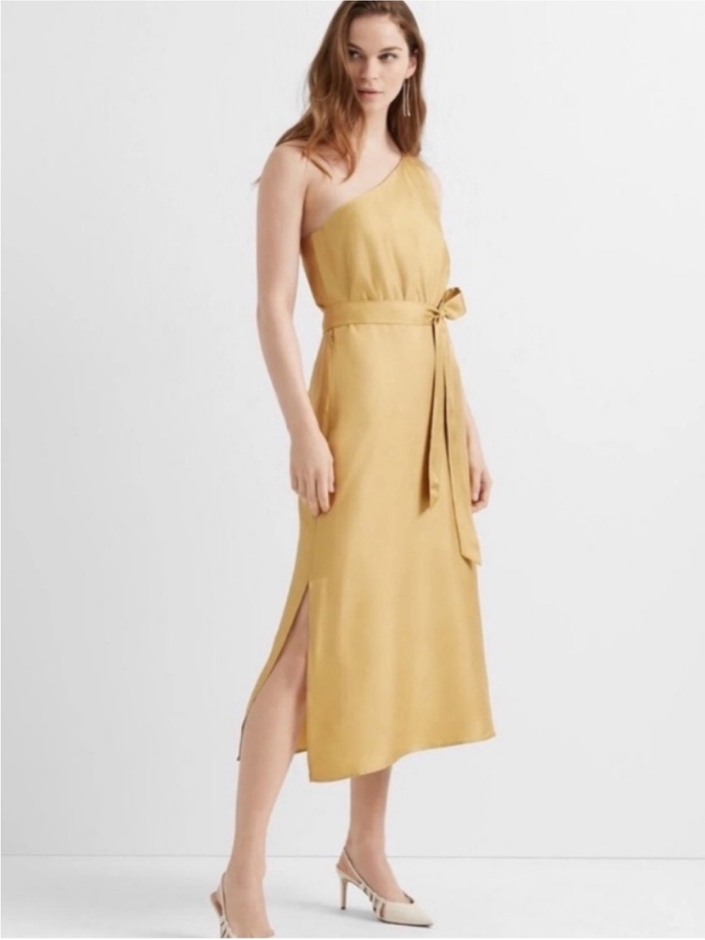 Club Monaco Gold Silk One-Shoulder Midi Dress Size 00